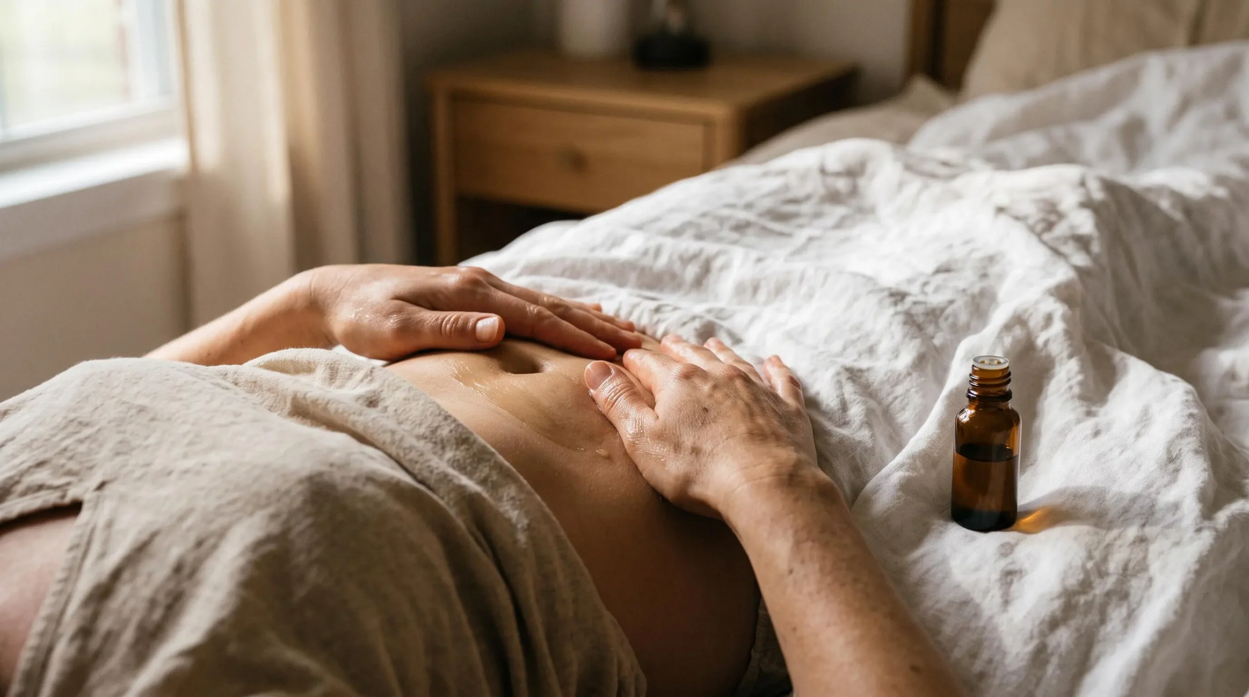 Mains appliquant de l'huile essentielle en massage circulaire sur la zone abdominale basse, avec un flacon ambré posé à proximité
