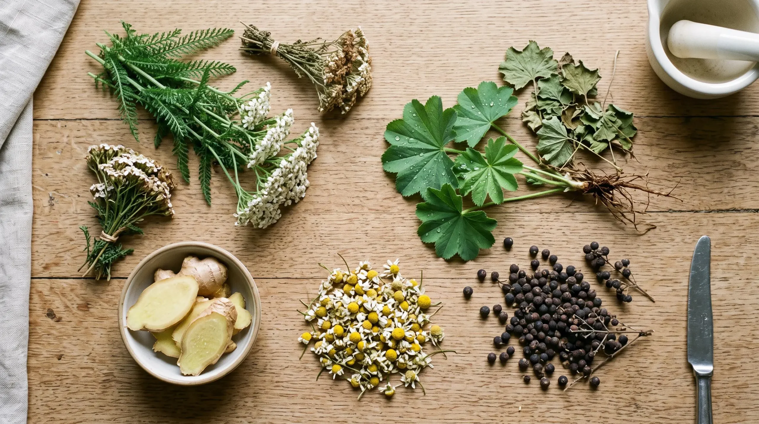 Sélection de plantes médicinales antispasmodiques disposées sur une surface en bois : achillée millefeuille, alchémille, gattilier et camomille