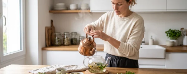 Femme préparant une tisane de plantes médicinales dans une théière en verre transparent dans une cuisine lumineuse