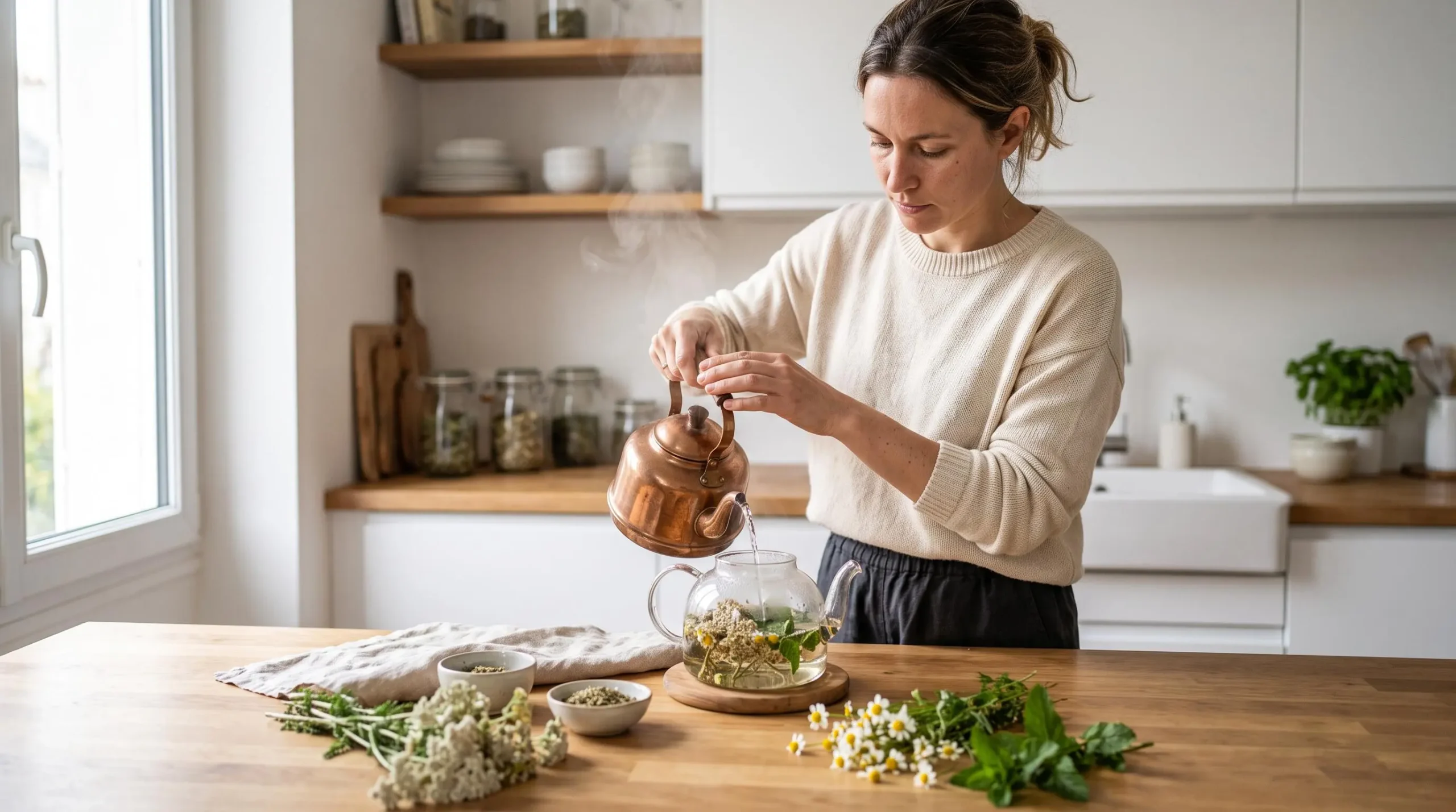 Femme préparant une tisane de plantes médicinales dans une théière en verre transparent dans une cuisine lumineuse